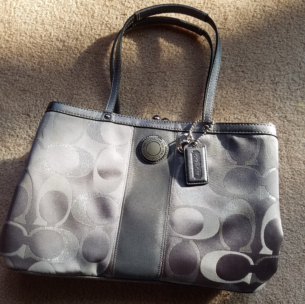 Authentic Coach gray metallic carryall purse